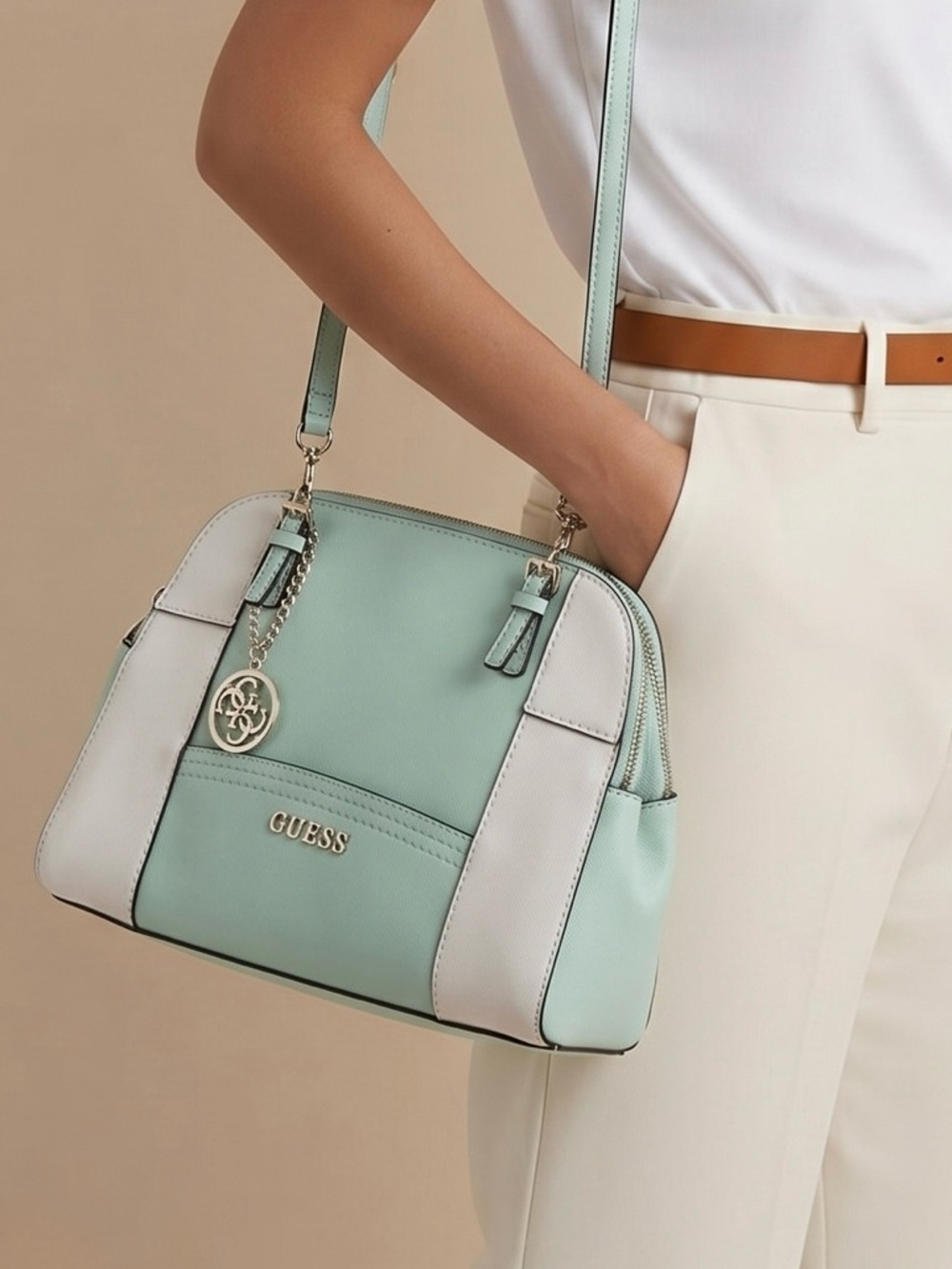 GUESS Mint Green and White Shoulder Tote with Gold Charm